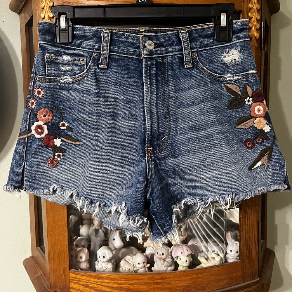 Abercrombie & Fitch Blue Denim Jean Shorts with Floral Embroidery